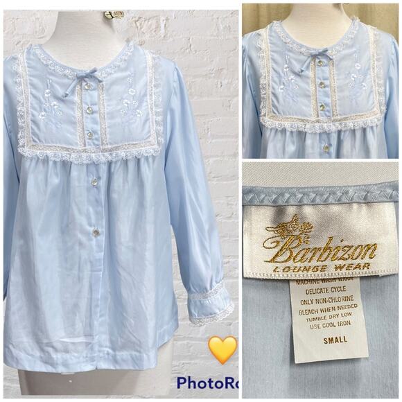 Vintage Lace Pajama Top Wmns Small Pastel Blue Embroidered Long Slv Barbizon 80s - Picture 13 of 13